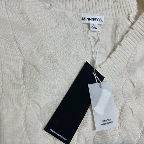 NEW Minnie Rose Cashmere V-Neck Frayed Edges Cable Knit Sweater - Picture 12 of 12